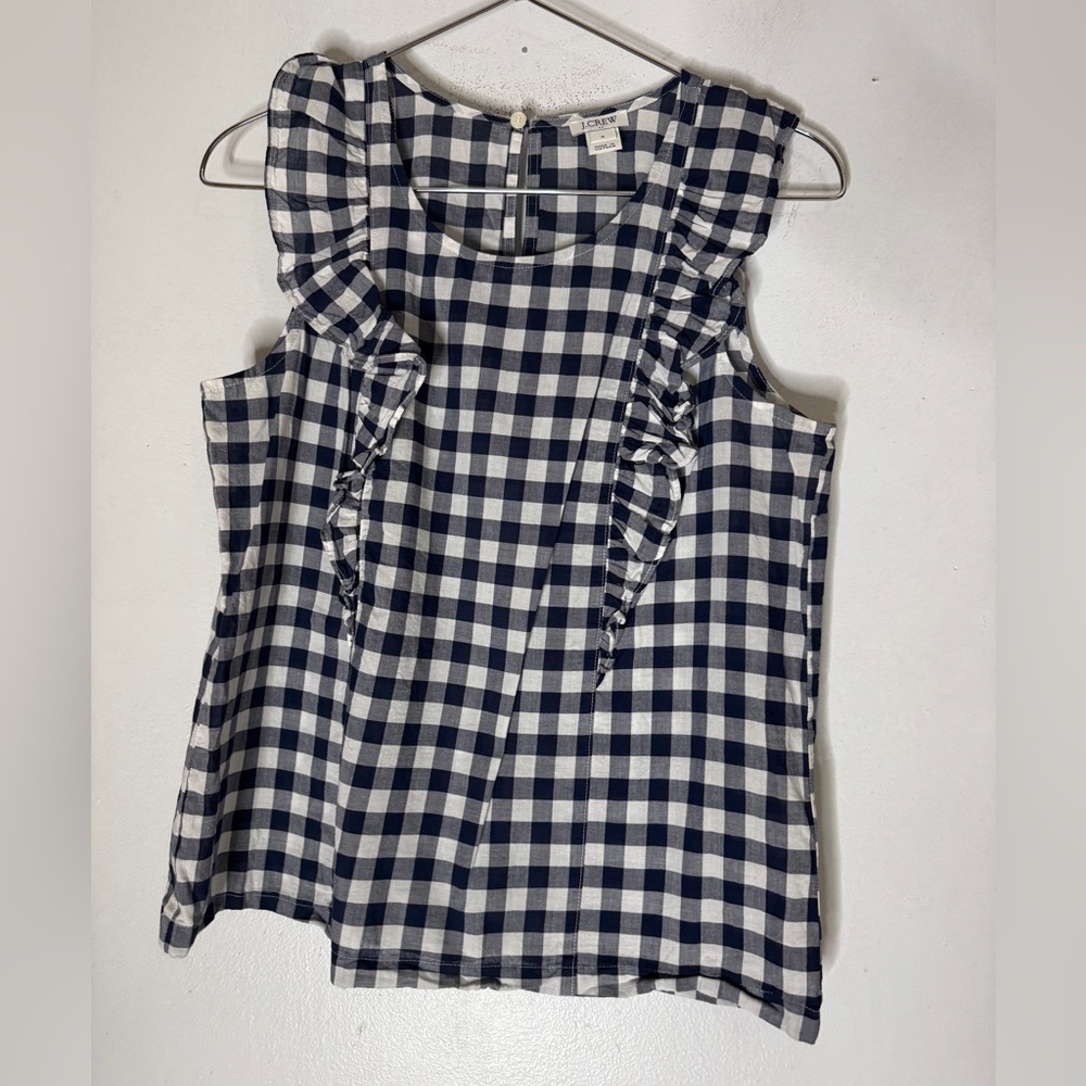 J. Crew Factory Gingham Ruffle Blouse‎ Womens Size 4 Navy Blue White Cottagecore